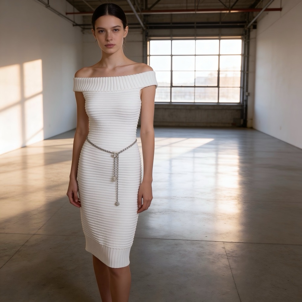 COPY - CHANEL WHITE RIBBED DRESS. Size 36